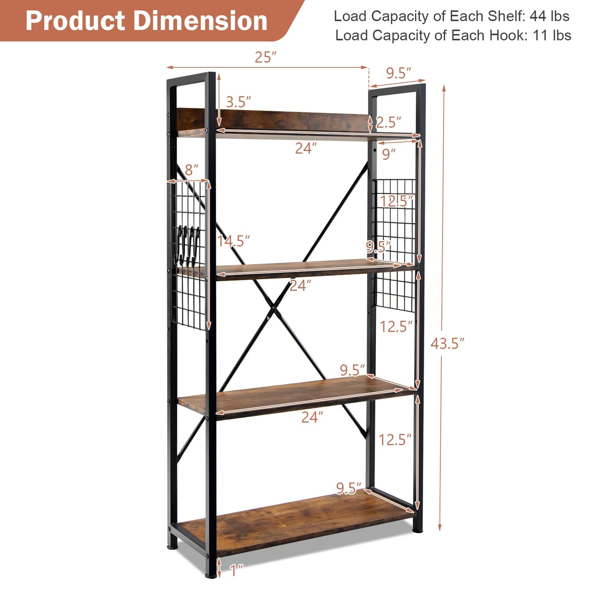 4 -Tier Industrial Open Storage Bookshelf-Rustic Brown-Bookcases-DECOROLALA