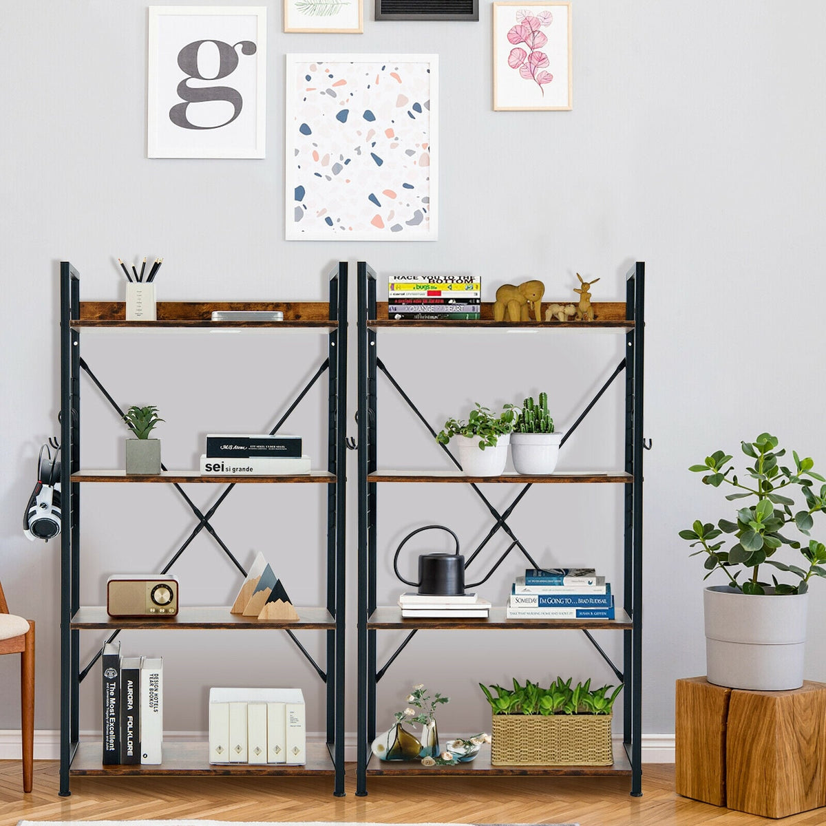 4 -Tier Industrial Open Storage Bookshelf-Rustic Brown-Bookcases-DECOROLALA