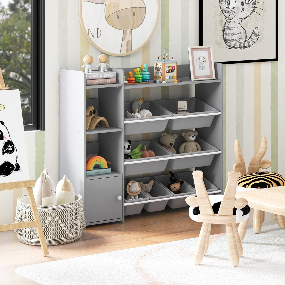 4-Tier Kids Bookshelf and Toy Storage Rack with 8 Toy Organizer Bins-Grey-Kids Storage-DECOROLALA