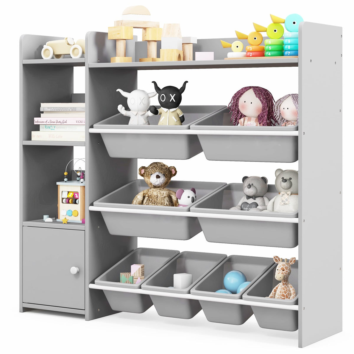 4-Tier Kids Bookshelf and Toy Storage Rack with 8 Toy Organizer Bins-Grey-Kids Storage-DECOROLALA