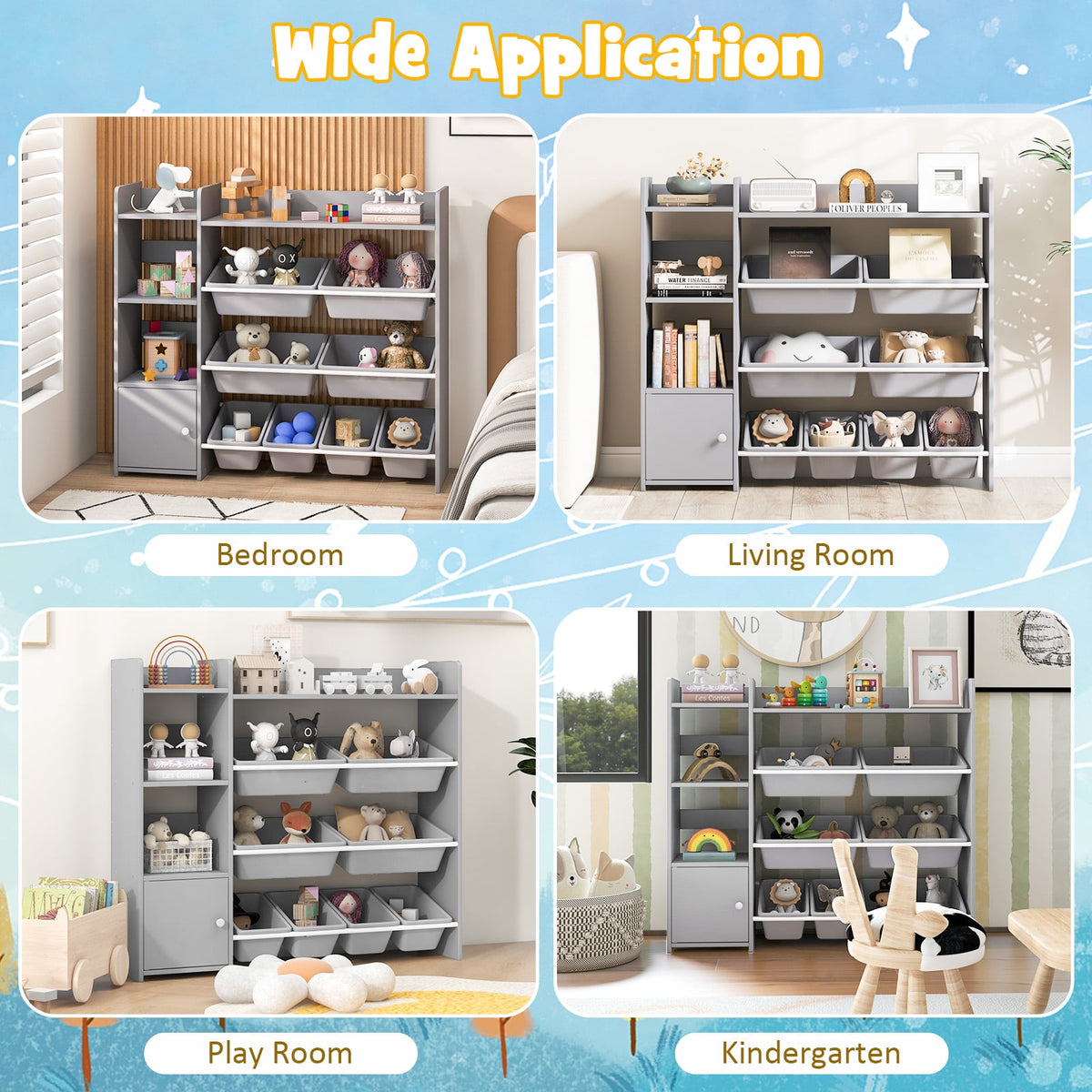 4-Tier Kids Bookshelf and Toy Storage Rack with 8 Toy Organizer Bins-Grey-Kids Storage-DECOROLALA