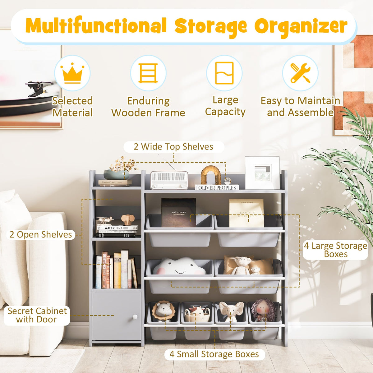 4-Tier Kids Bookshelf and Toy Storage Rack with 8 Toy Organizer Bins-Grey-Kids Storage-DECOROLALA