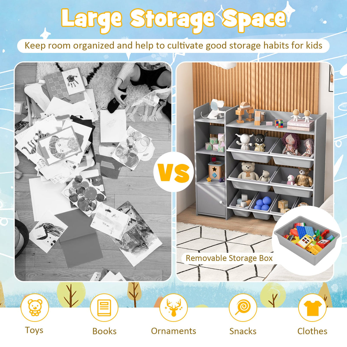 4-Tier Kids Bookshelf and Toy Storage Rack with 8 Toy Organizer Bins-Grey-Kids Storage-DECOROLALA