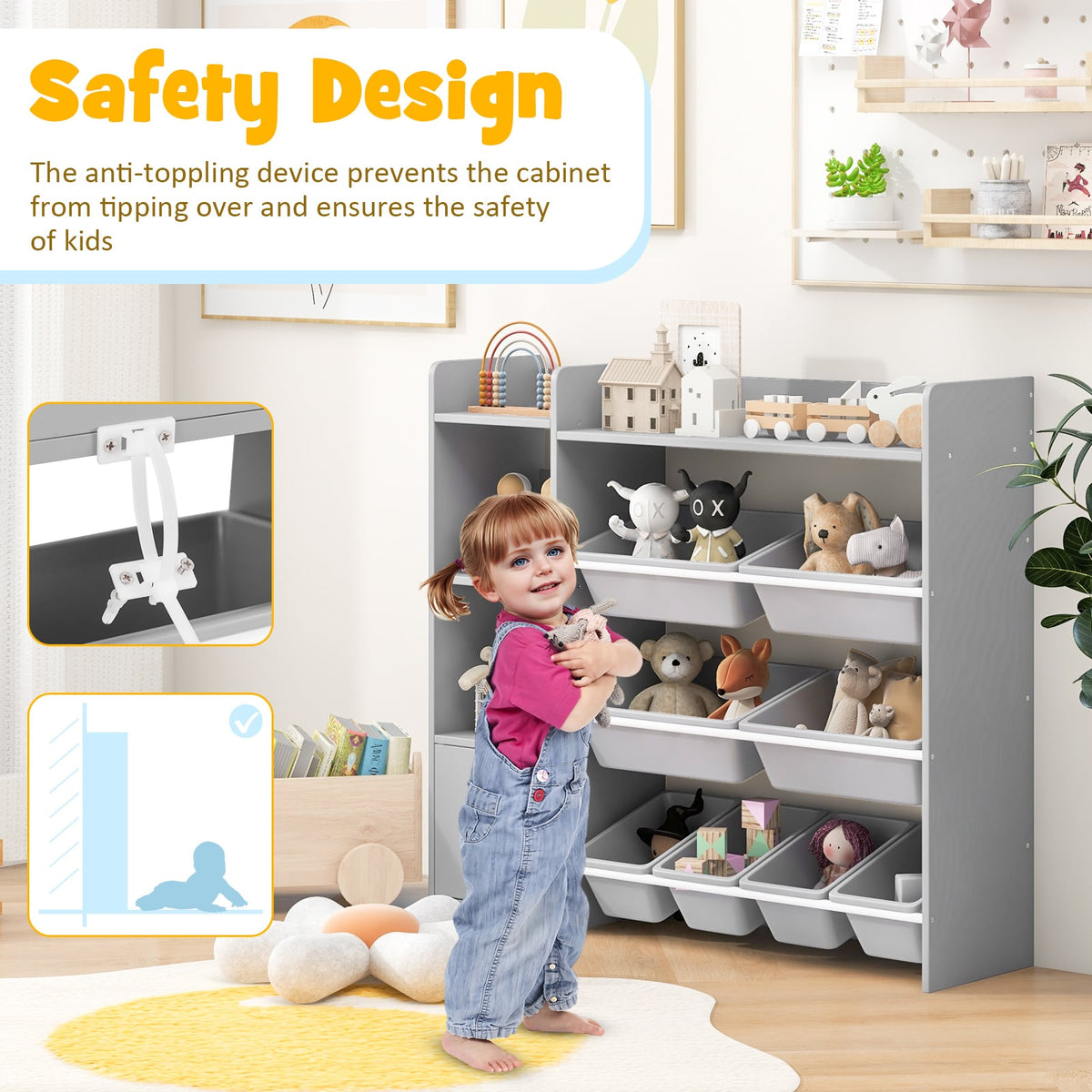 4-Tier Kids Bookshelf and Toy Storage Rack with 8 Toy Organizer Bins-Grey-Kids Storage-DECOROLALA