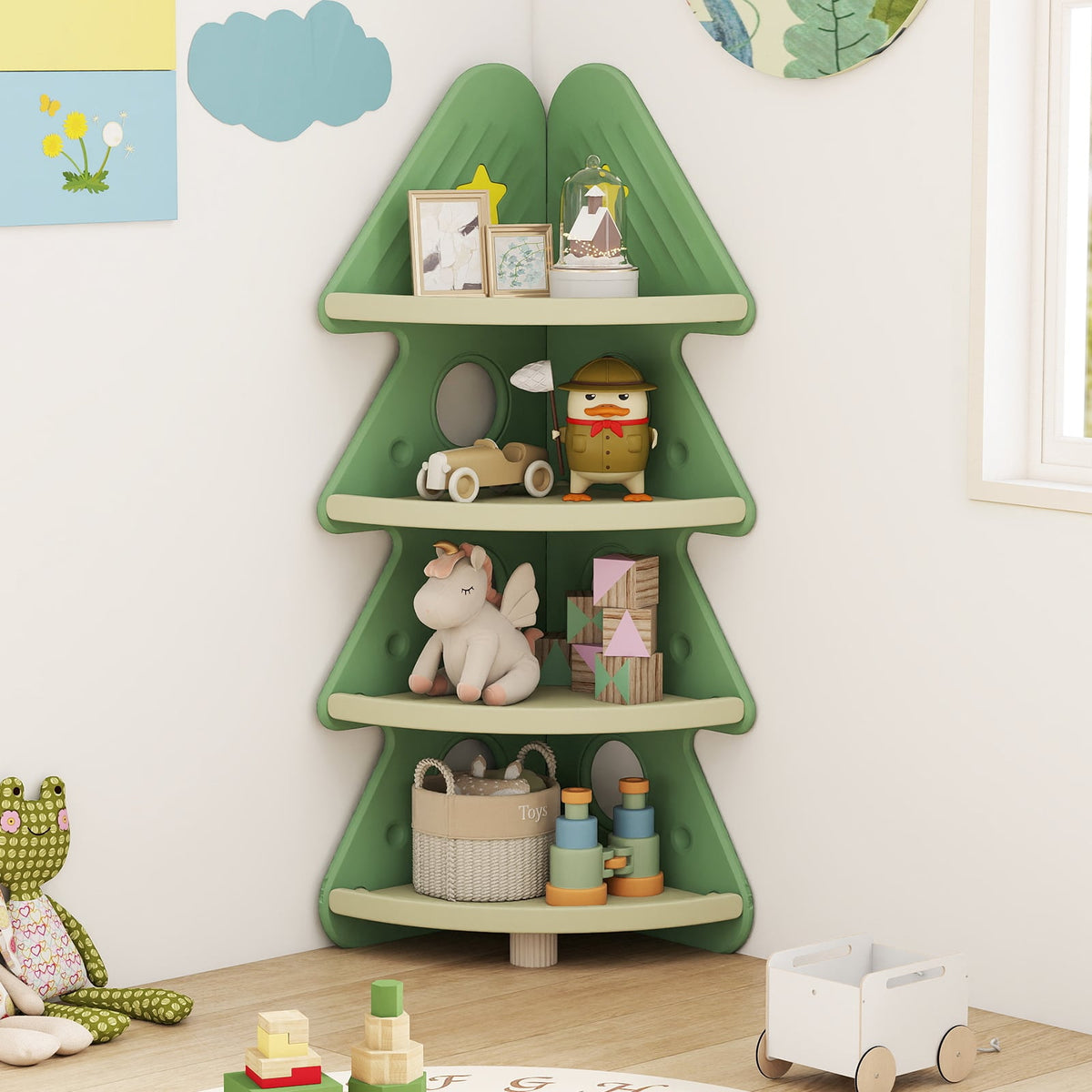 4-Tier Kids Corner Bookshelf Baby Display Shelf for Kids Room-Green-Kids Storage-DECOROLALA