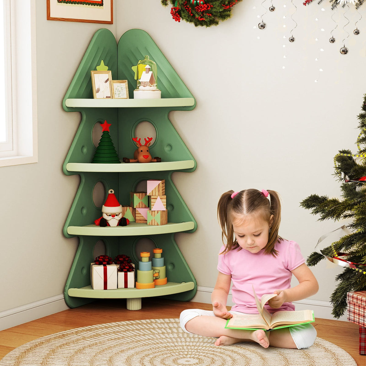 4-Tier Kids Corner Bookshelf Baby Display Shelf for Kids Room-Green-Kids Storage-DECOROLALA