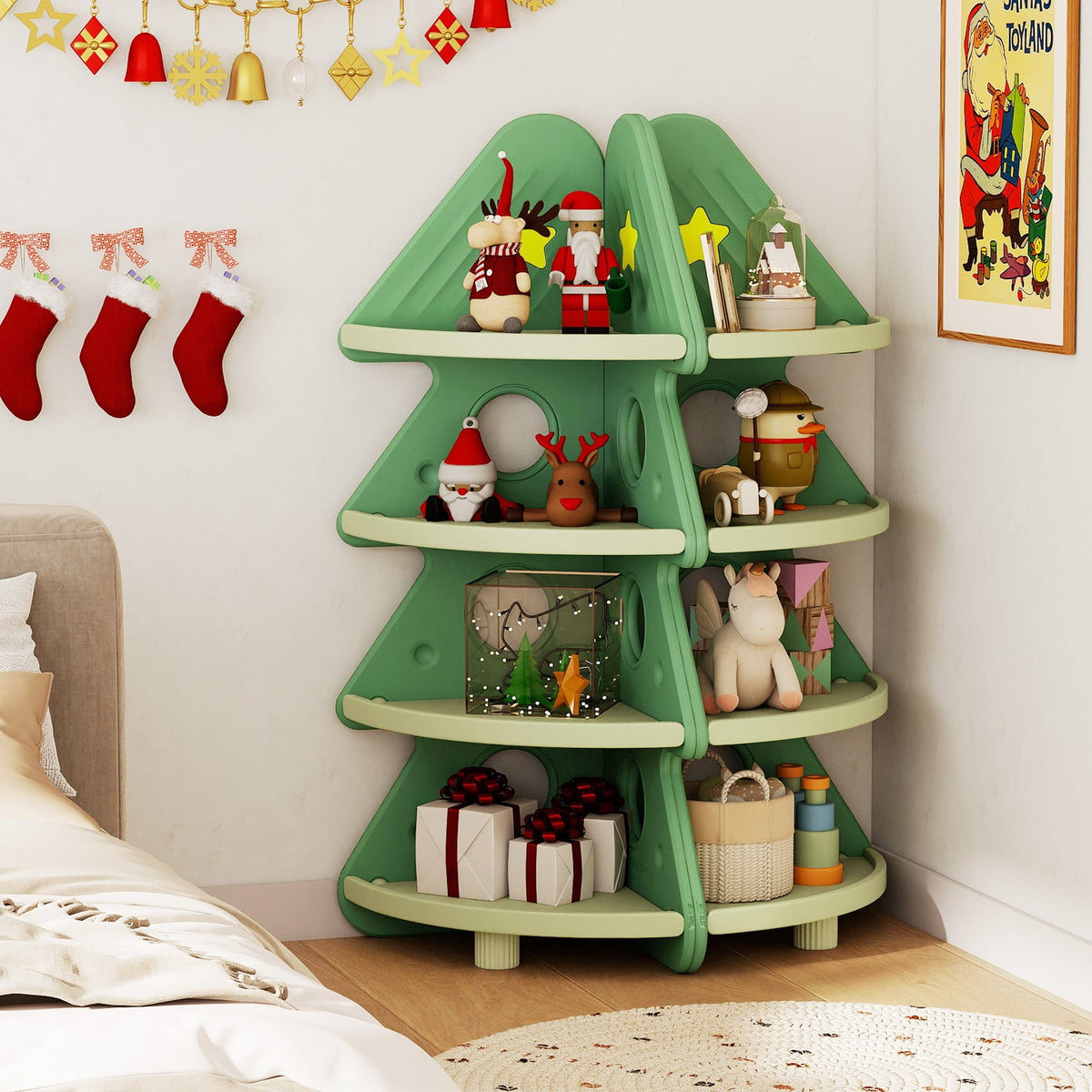 4-Tier Kids Corner Bookshelf Baby Display Shelf for Kids Room-Green-Kids Storage-DECOROLALA