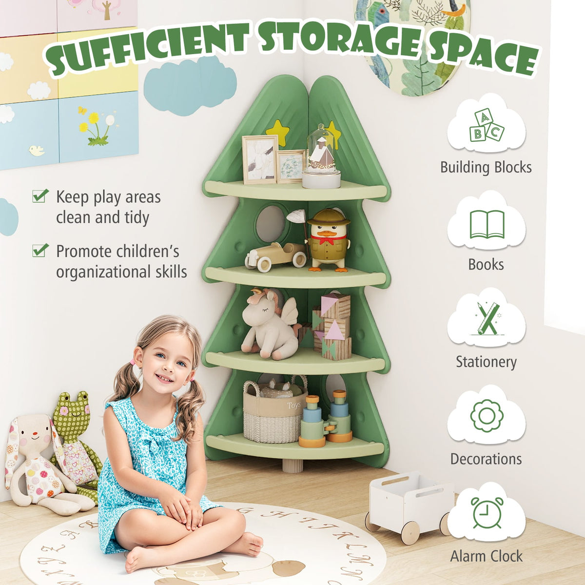 4-Tier Kids Corner Bookshelf Baby Display Shelf for Kids Room-Green-Kids Storage-DECOROLALA