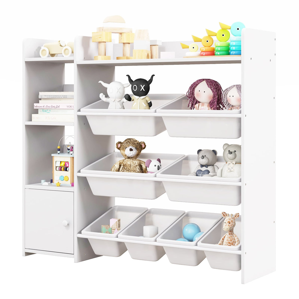 4-Tier Kids Toy Storage Organizer Bookshelf and Toy Storage Rack with Door-White-Kids Storage-DECOROLALA