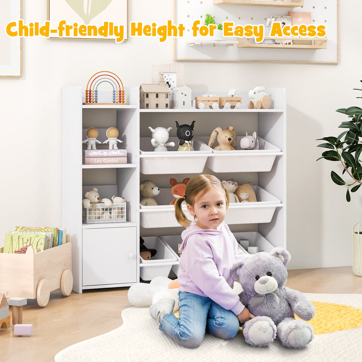 4-Tier Kids Toy Storage Organizer Bookshelf and Toy Storage Rack with Door-White-Kids Storage-DECOROLALA