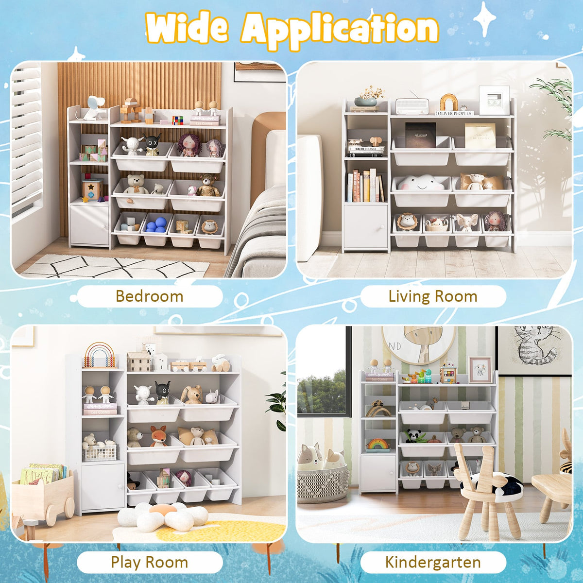 4-Tier Kids Toy Storage Organizer Bookshelf and Toy Storage Rack with Door-White-Kids Storage-DECOROLALA