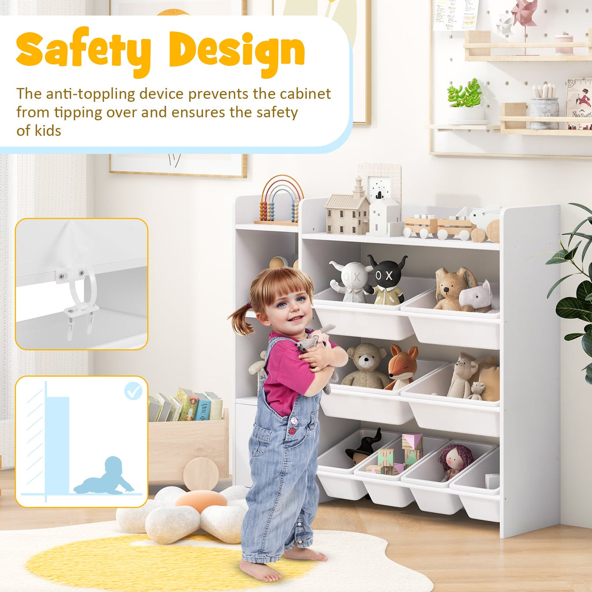 4-Tier Kids Toy Storage Organizer Bookshelf and Toy Storage Rack with Door-White-Kids Storage-DECOROLALA