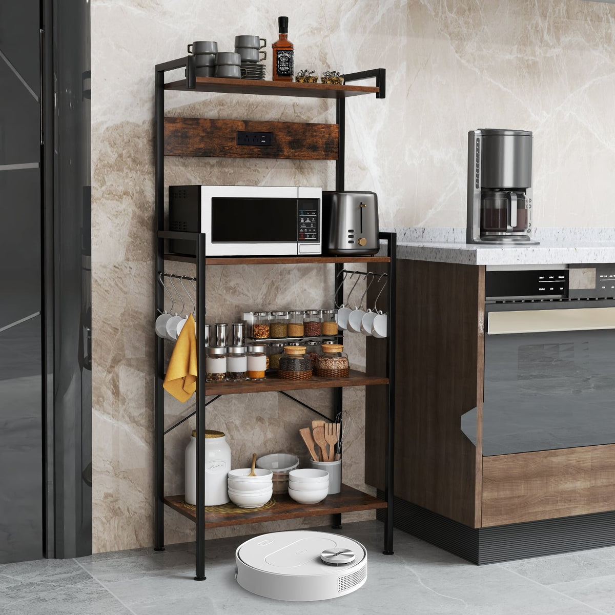 4-Tier Kitchen Bakers Rack with Power Outlet and 8 Hooks-Rustic Brown-Baker’s Racks-DECOROLALA