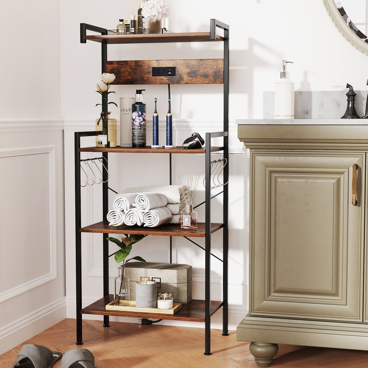 4-Tier Kitchen Bakers Rack with Power Outlet and 8 Hooks-Rustic Brown-Baker’s Racks-DECOROLALA