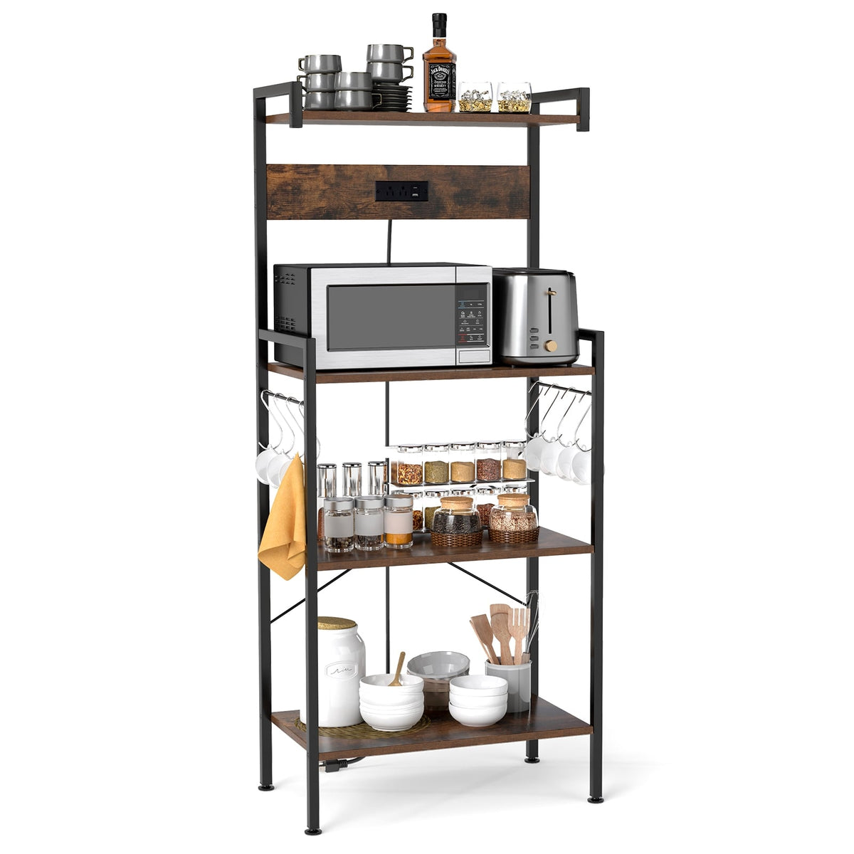 4-Tier Kitchen Bakers Rack with Power Outlet and 8 Hooks-Rustic Brown-Baker’s Racks-DECOROLALA