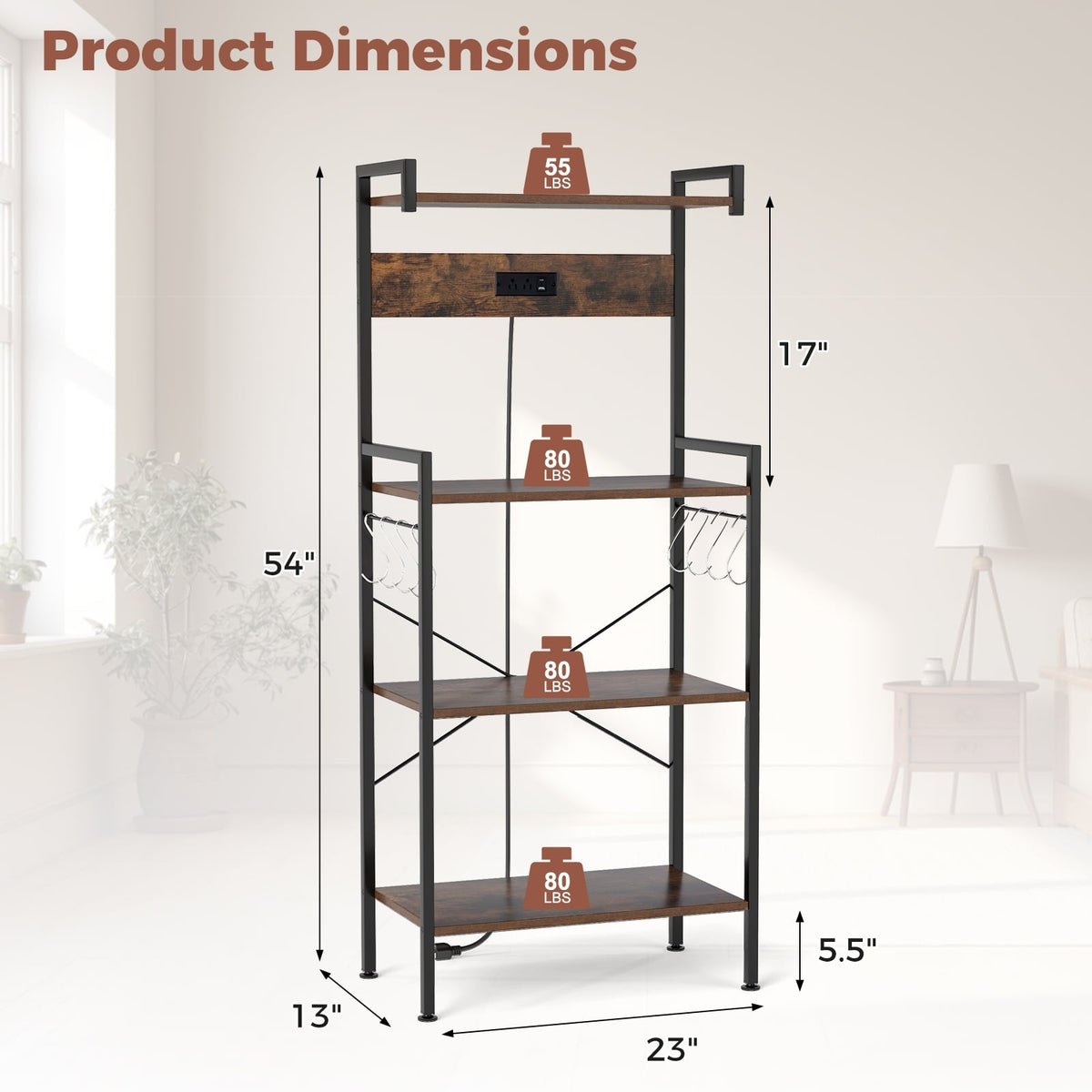 4-Tier Kitchen Bakers Rack with Power Outlet and 8 Hooks-Rustic Brown-Baker’s Racks-DECOROLALA
