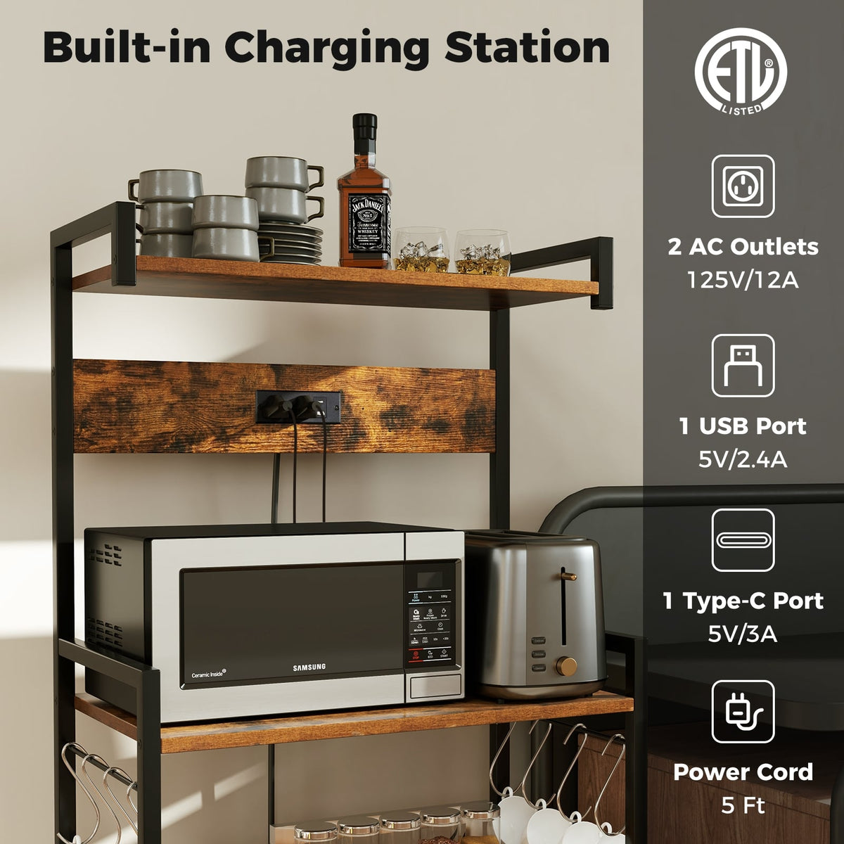 4-Tier Kitchen Bakers Rack with Power Outlet and 8 Hooks-Rustic Brown-Baker’s Racks-DECOROLALA
