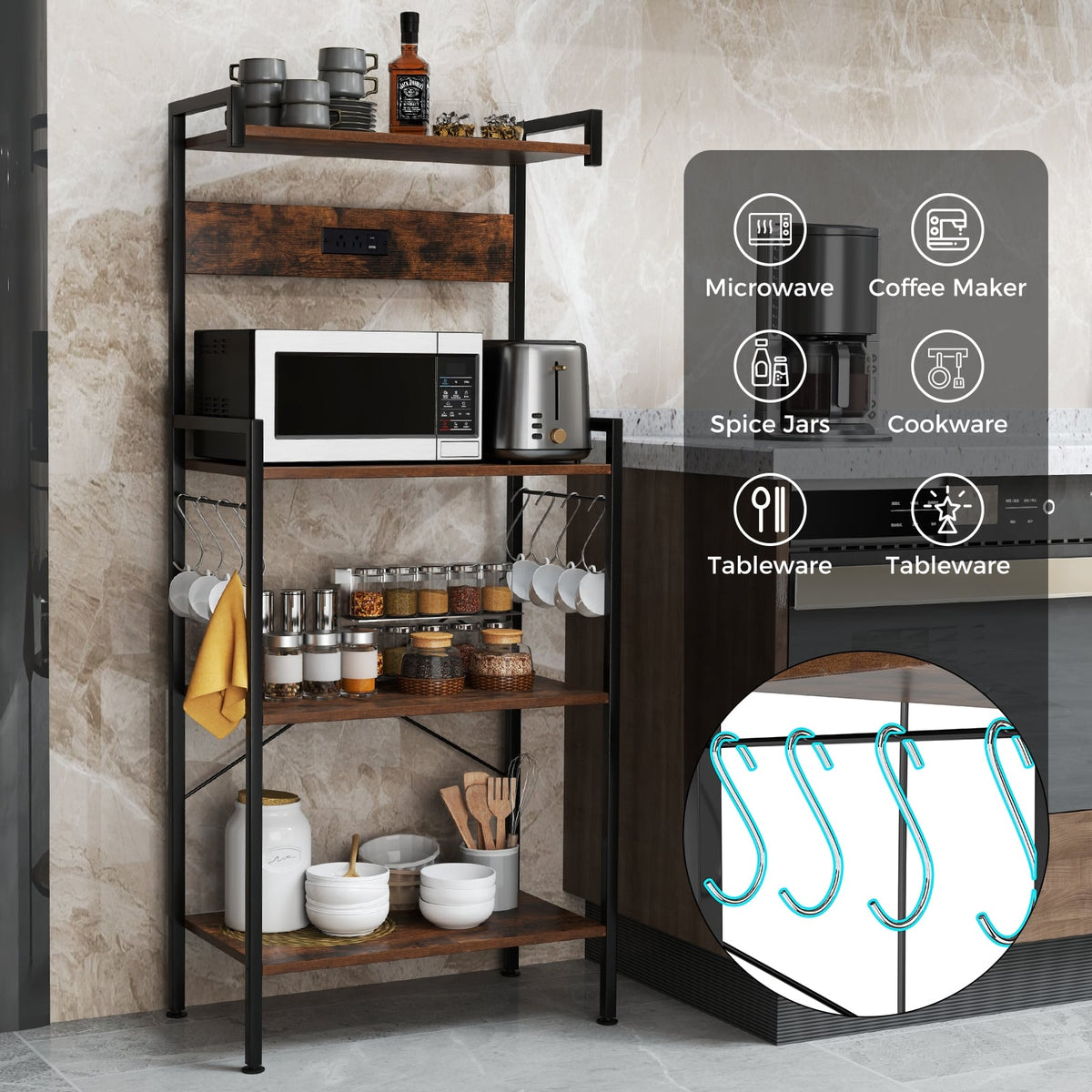 4-Tier Kitchen Bakers Rack with Power Outlet and 8 Hooks-Rustic Brown-Baker’s Racks-DECOROLALA