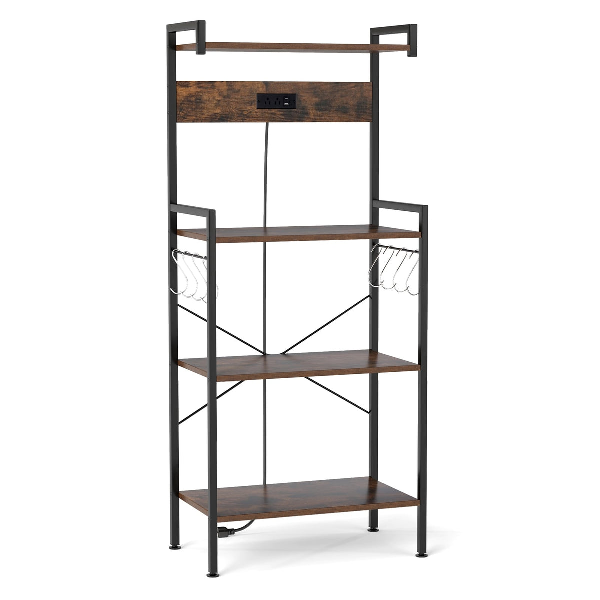 4-Tier Kitchen Bakers Rack with Power Outlet and 8 Hooks-Rustic Brown-Baker’s Racks-DECOROLALA