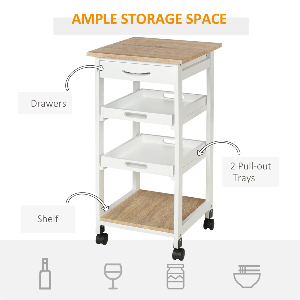 4-Tier Kitchen Bar Cart with Removable Serving Trays - White-Home Furnishings > Kitchen & Dining Furniture > Kitchen Islands & Kitchen Carts-DECOROLALA