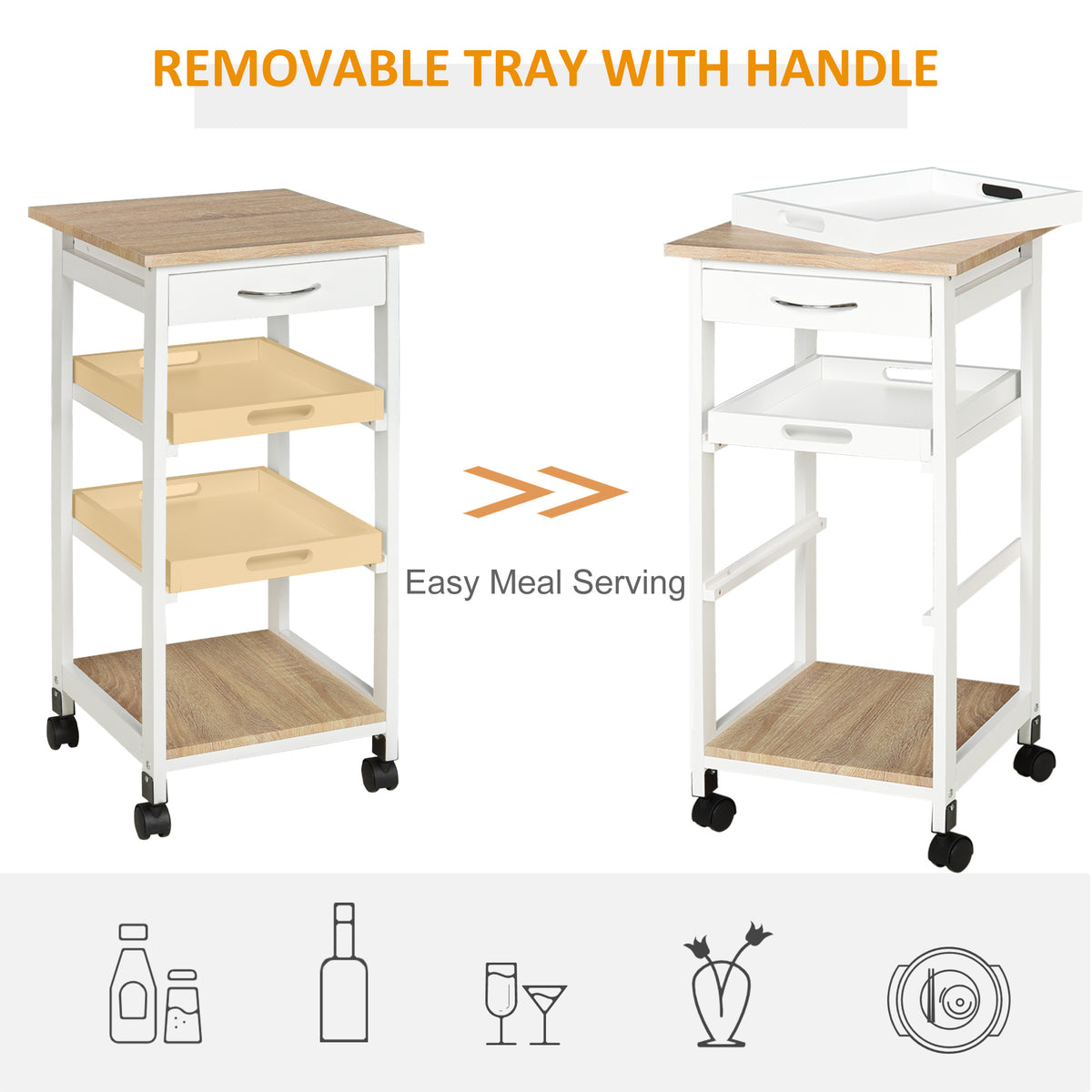 4-Tier Kitchen Bar Cart with Removable Serving Trays - White-Home Furnishings > Kitchen & Dining Furniture > Kitchen Islands & Kitchen Carts-DECOROLALA