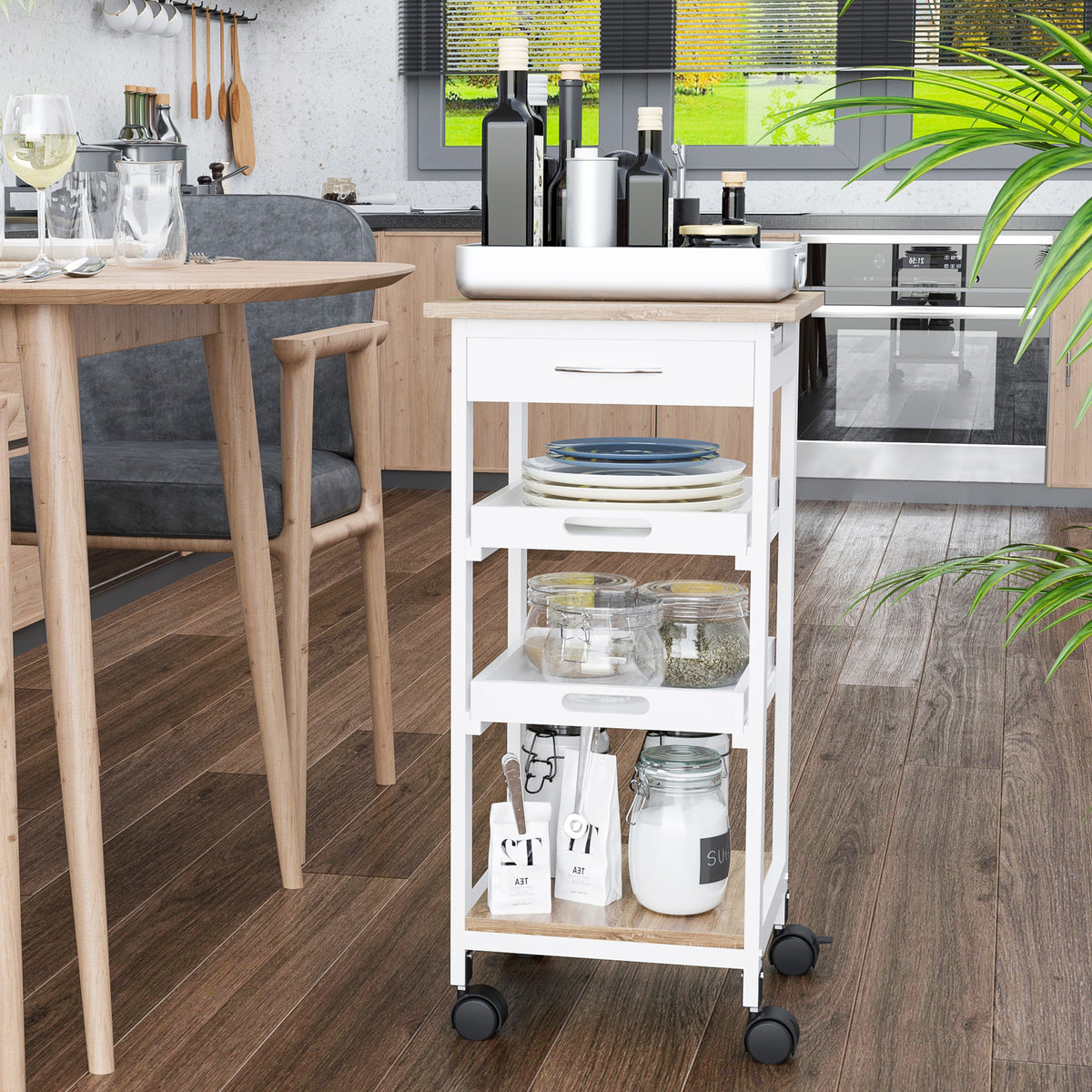 4-Tier Kitchen Bar Cart with Removable Serving Trays - White-Home Furnishings > Kitchen & Dining Furniture > Kitchen Islands & Kitchen Carts-DECOROLALA