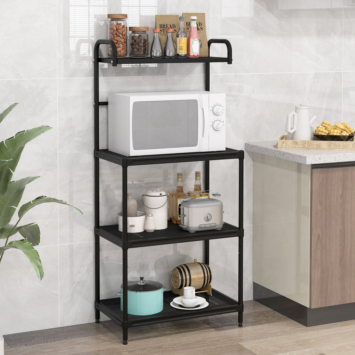 4-Tier Kitchen Microwave Storage Rack with Metal Shelves-Black-Baker’s Racks-DECOROLALA