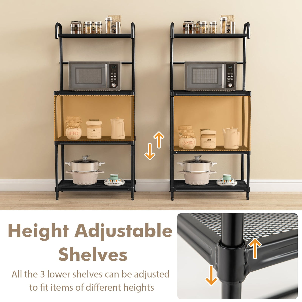 4-Tier Kitchen Microwave Storage Rack with Metal Shelves-Black-Baker’s Racks-DECOROLALA