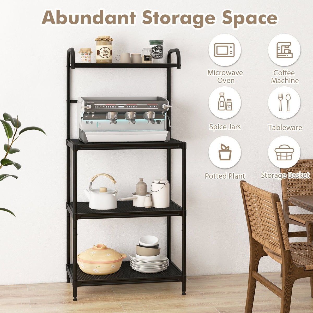 4-Tier Kitchen Microwave Storage Rack with Metal Shelves-Black-Baker’s Racks-DECOROLALA