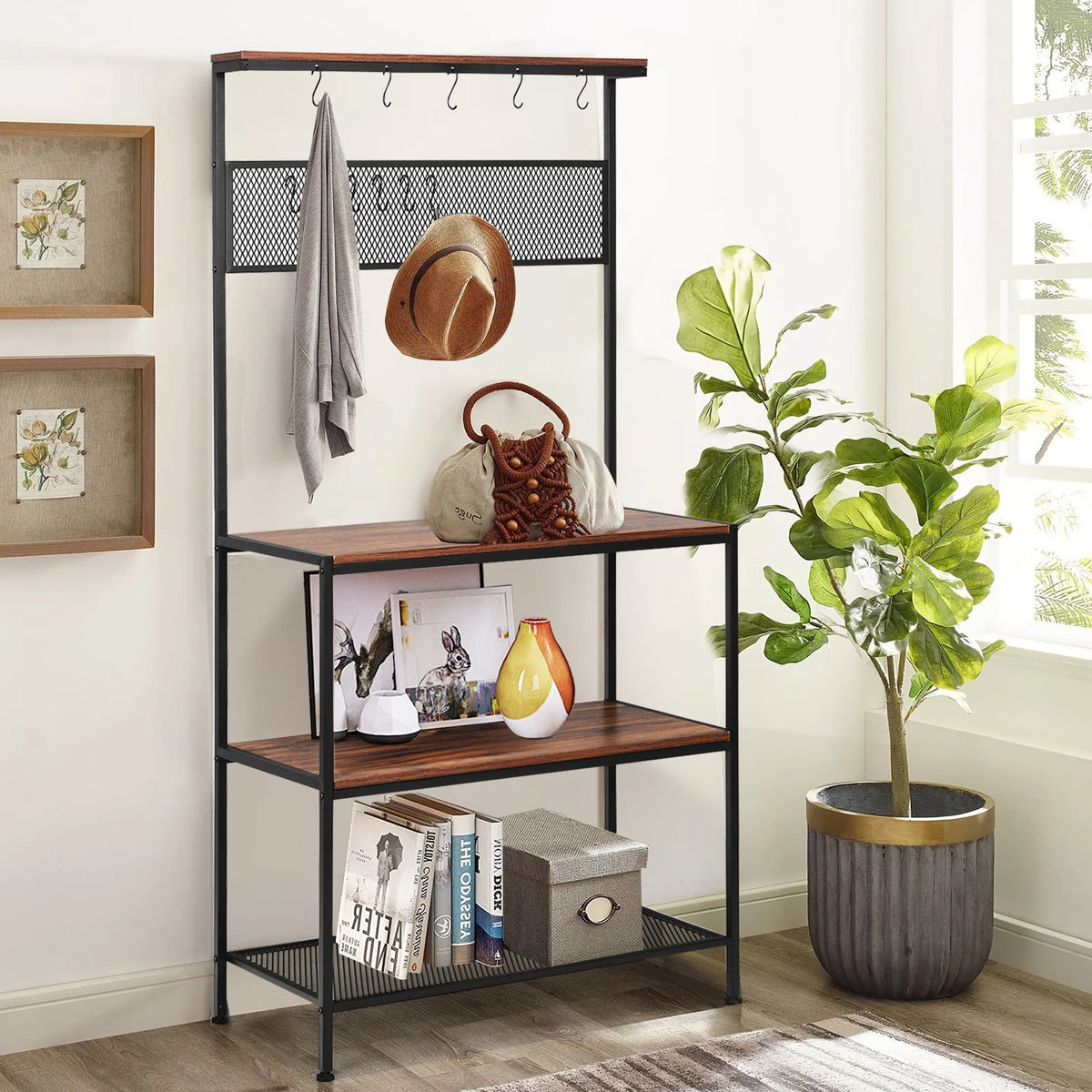 4-Tier Kitchen Rack Stand with Hooks and Mesh Panel-Baker’s Racks-DECOROLALA