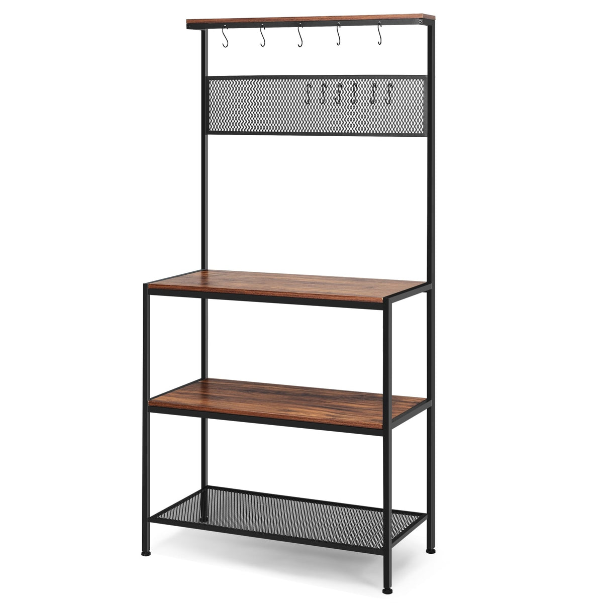 4-Tier Kitchen Rack Stand with Hooks and Mesh Panel-Baker’s Racks-DECOROLALA