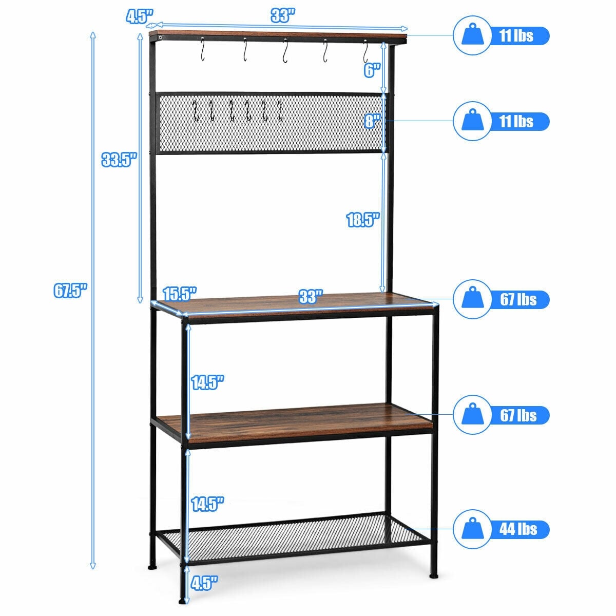 4-Tier Kitchen Rack Stand with Hooks and Mesh Panel-Baker’s Racks-DECOROLALA