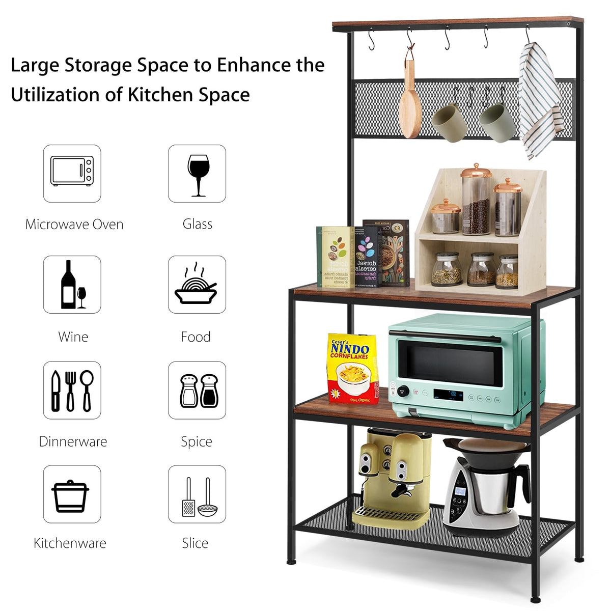 4-Tier Kitchen Rack Stand with Hooks and Mesh Panel-Baker’s Racks-DECOROLALA