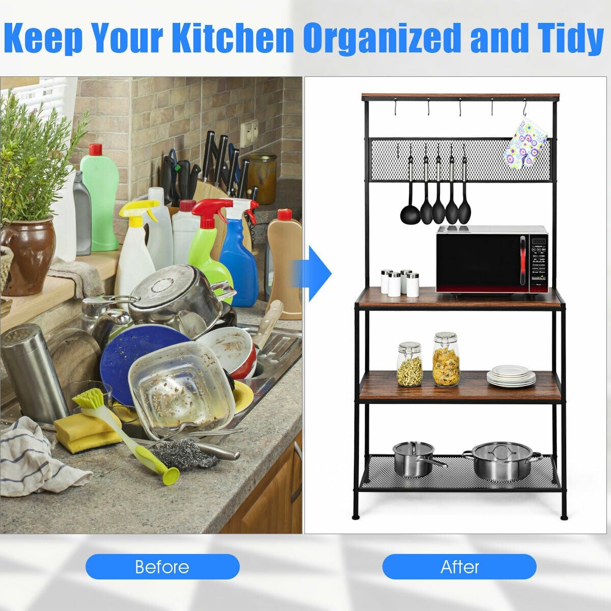 4-Tier Kitchen Rack Stand with Hooks and Mesh Panel-Baker’s Racks-DECOROLALA