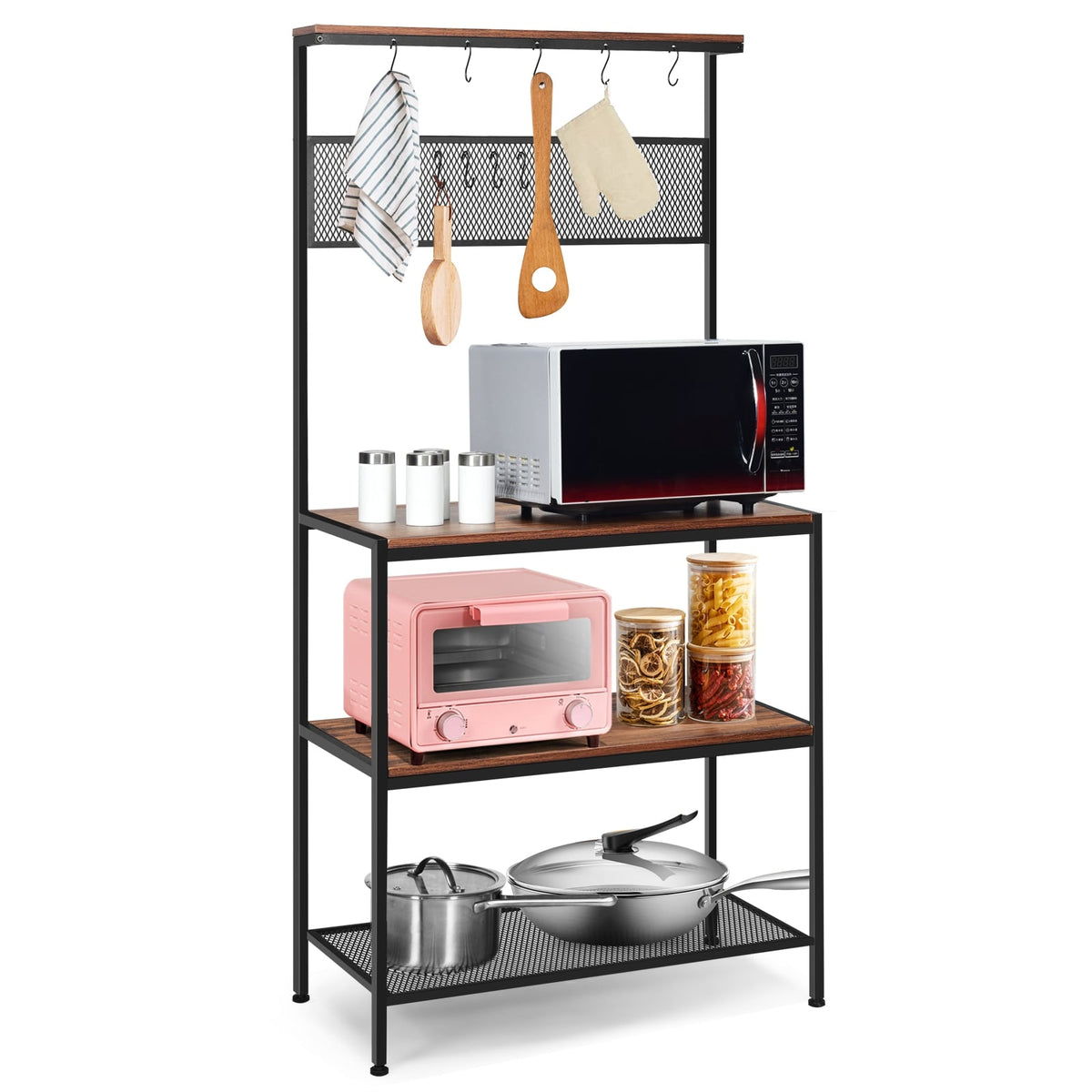 4-Tier Kitchen Rack Stand with Hooks and Mesh Panel-Baker’s Racks-DECOROLALA