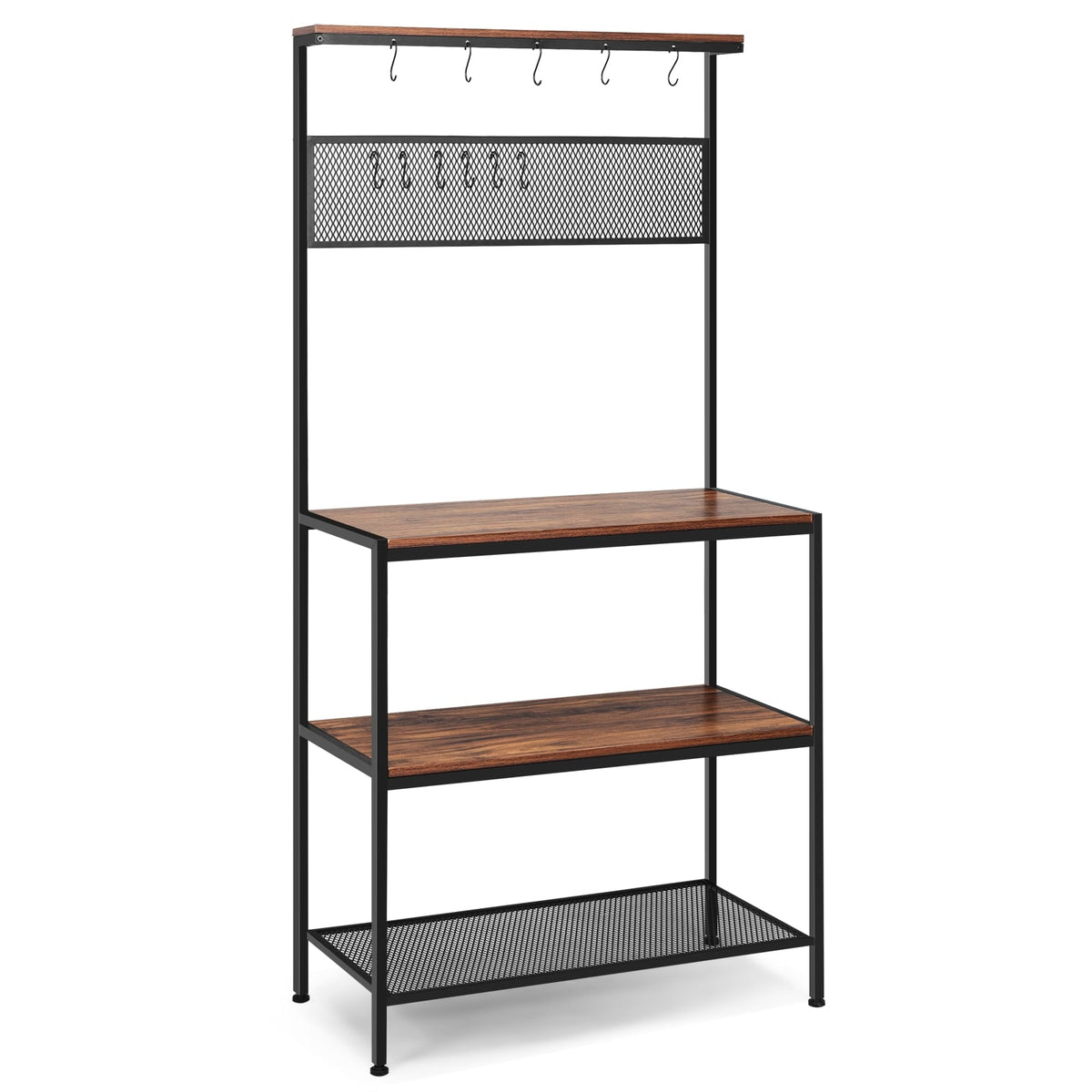 4-Tier Kitchen Rack Stand with Hooks and Mesh Panel-Baker’s Racks-DECOROLALA