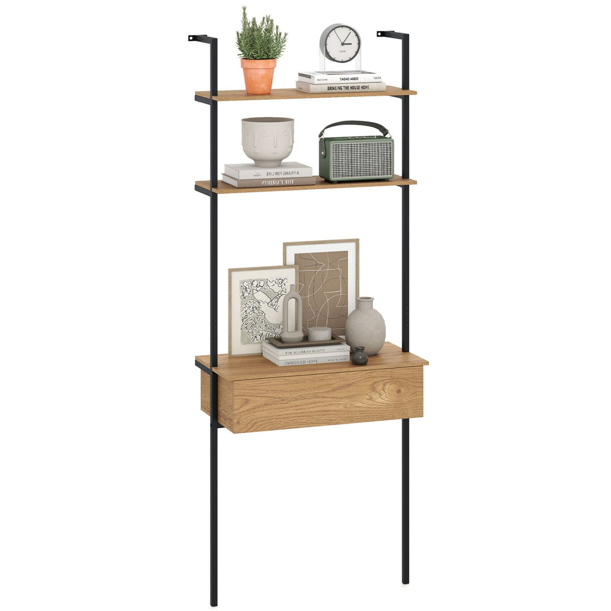 4-Tier Ladder Bookshelf with Drawer and Metal Frame for Living Room-Natural-Bookcases-DECOROLALA