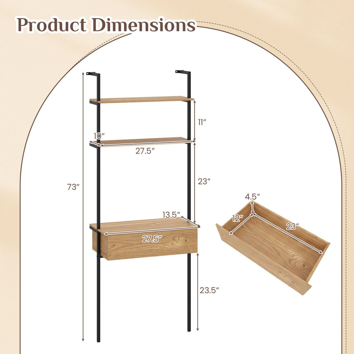 4-Tier Ladder Bookshelf with Drawer and Metal Frame for Living Room-Natural-Bookcases-DECOROLALA