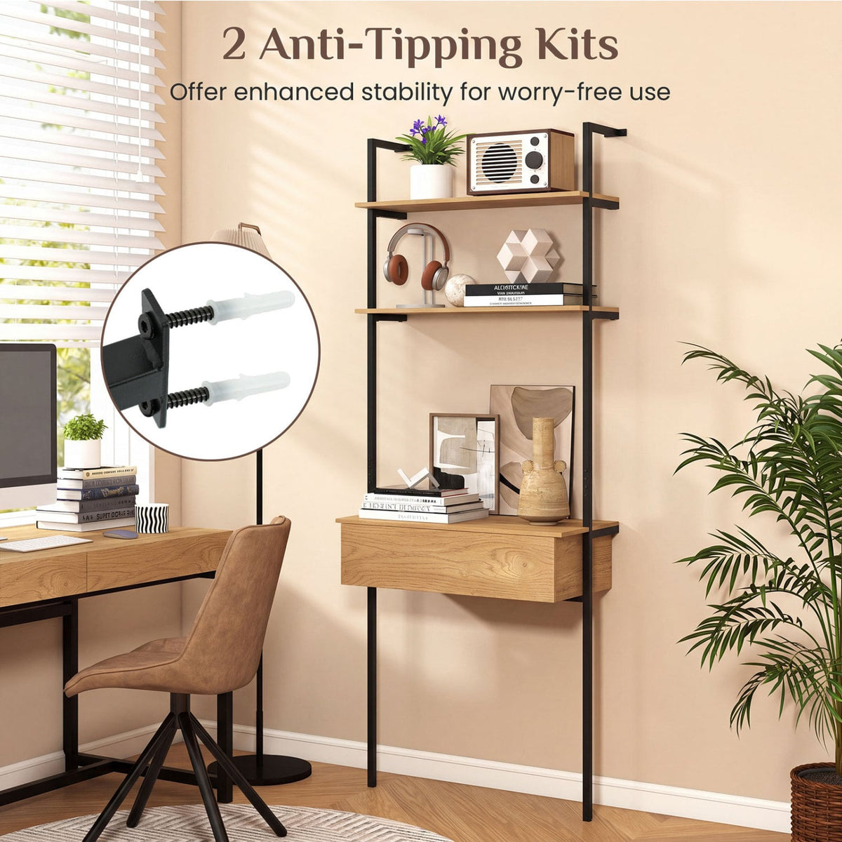 4-Tier Ladder Bookshelf with Drawer and Metal Frame for Living Room-Natural-Bookcases-DECOROLALA