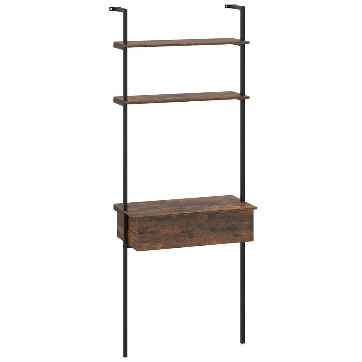 4-Tier Ladder Bookshelf with Drawer and Metal Frame for Living Room-Rustic Brown-Bookcases-DECOROLALA