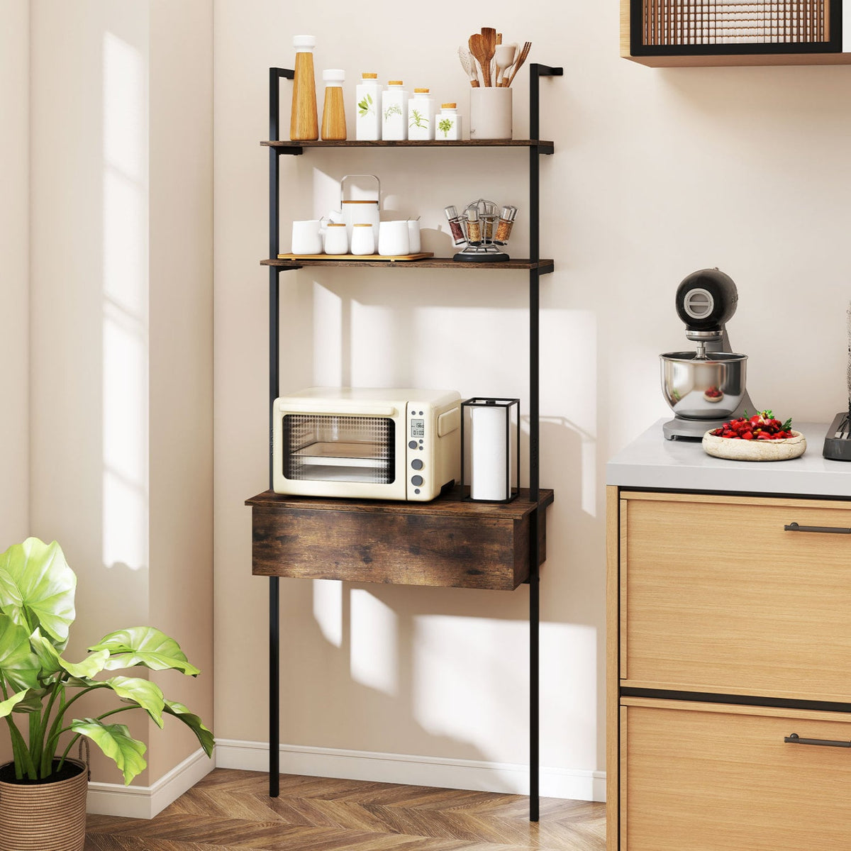 4-Tier Ladder Bookshelf with Drawer and Metal Frame for Living Room-Rustic Brown-Bookcases-DECOROLALA