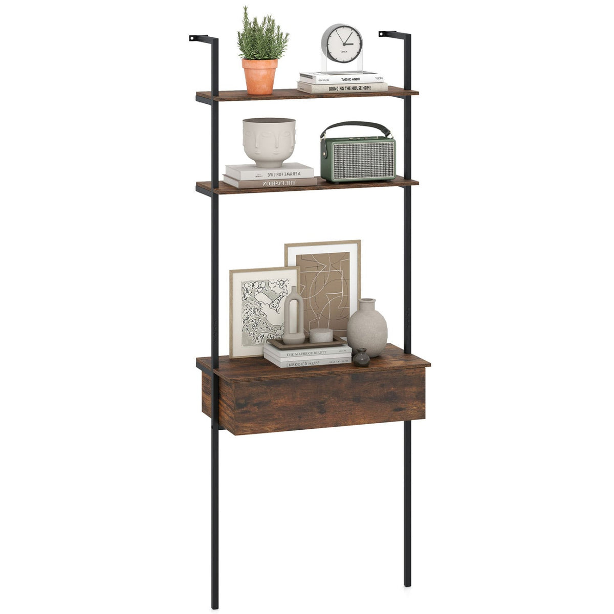 4-Tier Ladder Bookshelf with Drawer and Metal Frame for Living Room-Rustic Brown-Bookcases-DECOROLALA