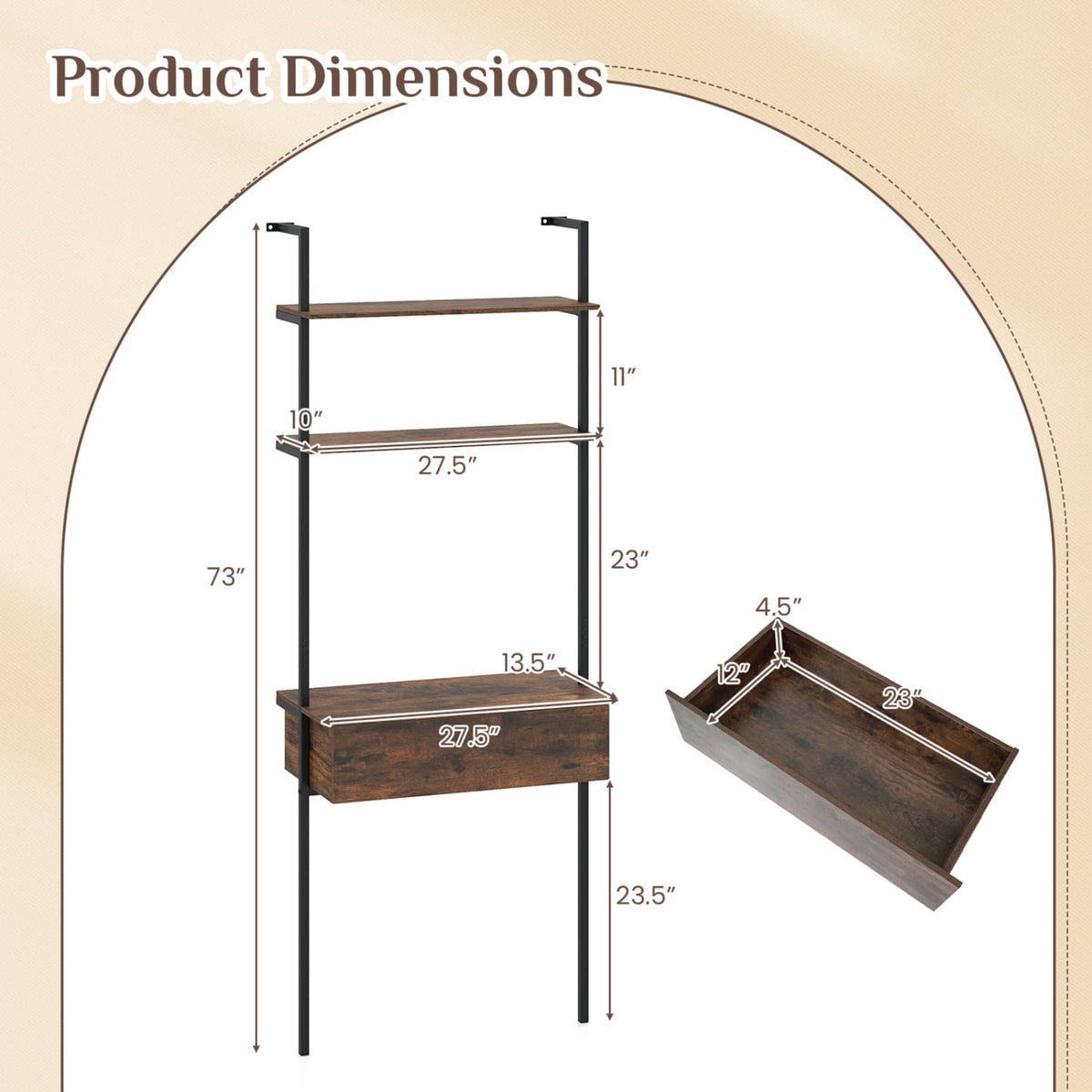 4-Tier Ladder Bookshelf with Drawer and Metal Frame for Living Room-Rustic Brown-Bookcases-DECOROLALA