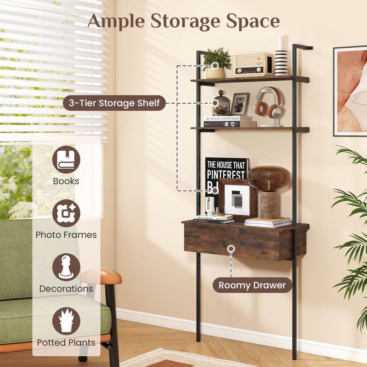 4-Tier Ladder Bookshelf with Drawer and Metal Frame for Living Room-Rustic Brown-Bookcases-DECOROLALA