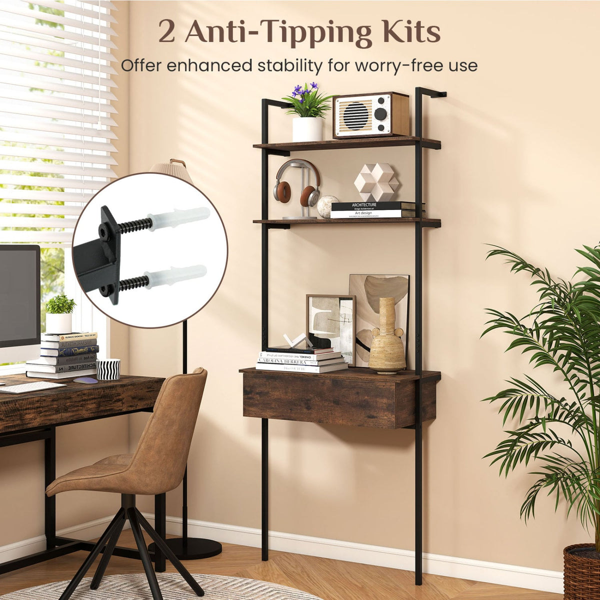 4-Tier Ladder Bookshelf with Drawer and Metal Frame for Living Room-Rustic Brown-Bookcases-DECOROLALA