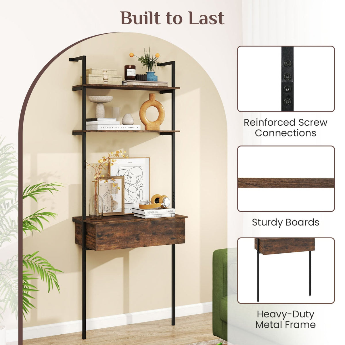 4-Tier Ladder Bookshelf with Drawer and Metal Frame for Living Room-Rustic Brown-Bookcases-DECOROLALA