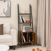 4-Tier Ladder Shelf with Cabinet and Metal Frame-Rustic Brown-Bookcases-DECOROLALA