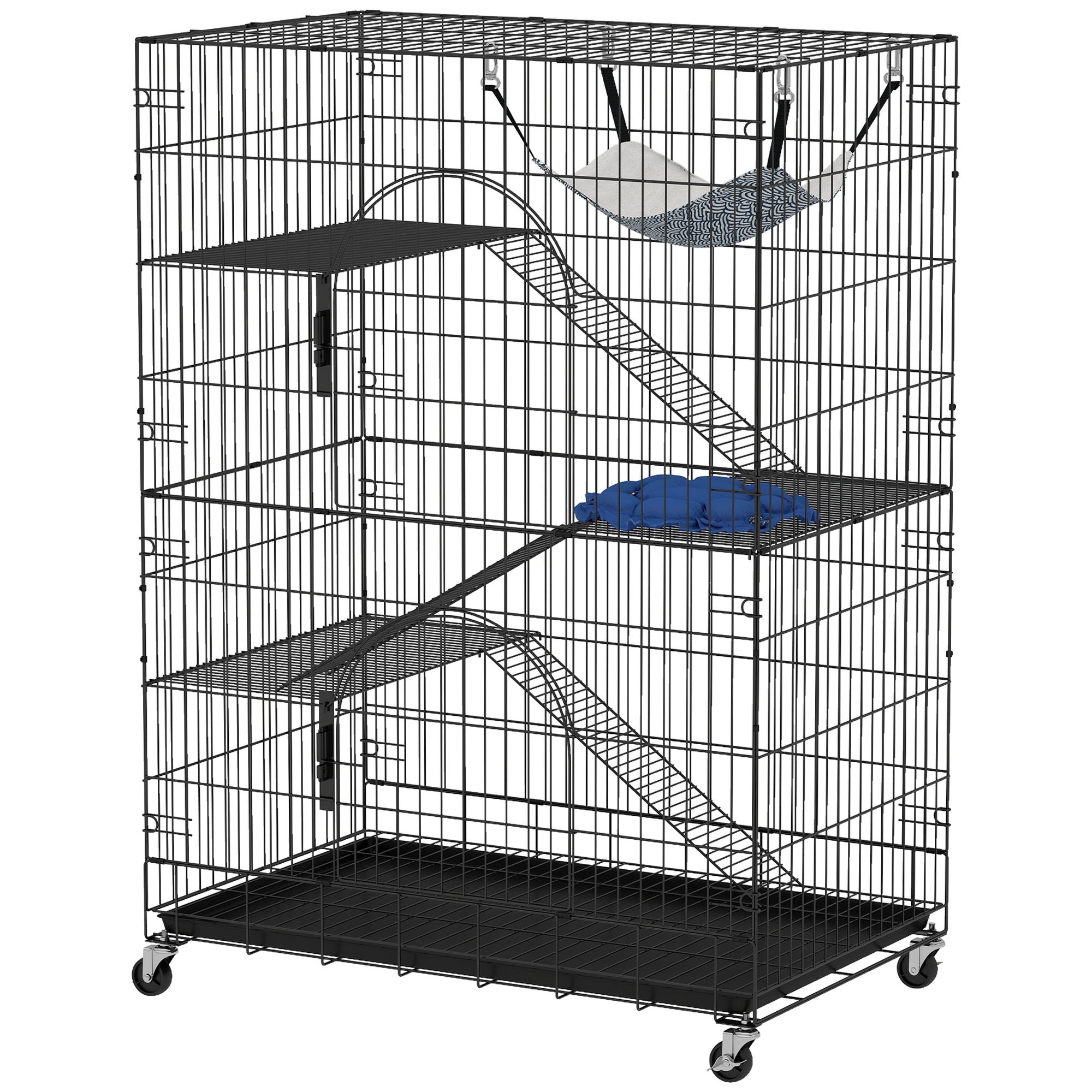 4-Tier Large Metal Cat Cage Enclosure with Wheels - Black-Cats-DECOROLALA