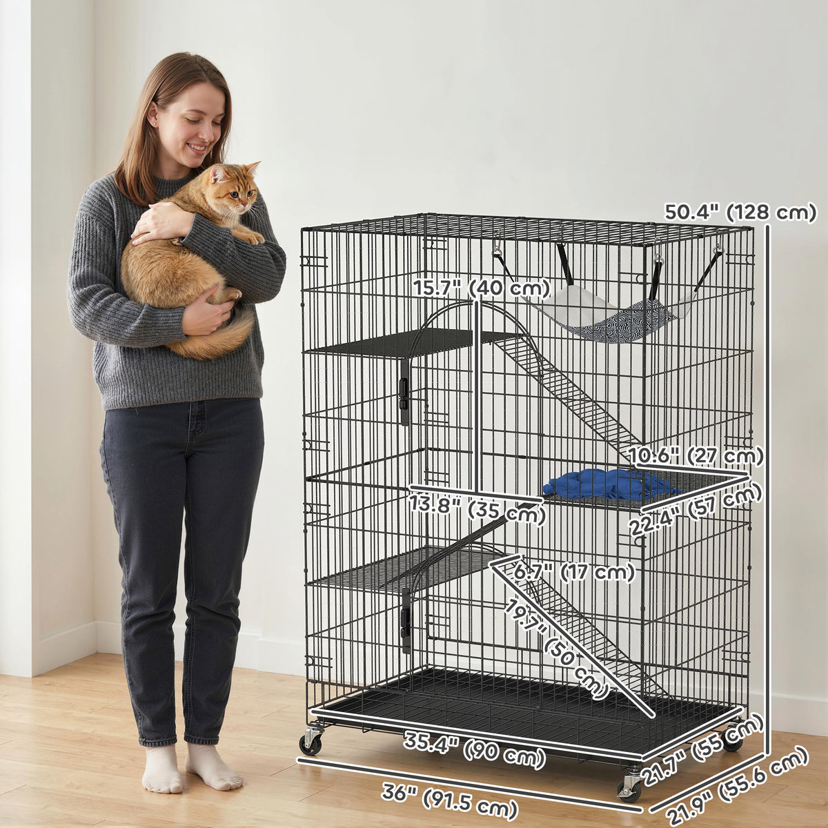 4-Tier Large Metal Cat Cage Enclosure with Wheels - Black-Cats-DECOROLALA