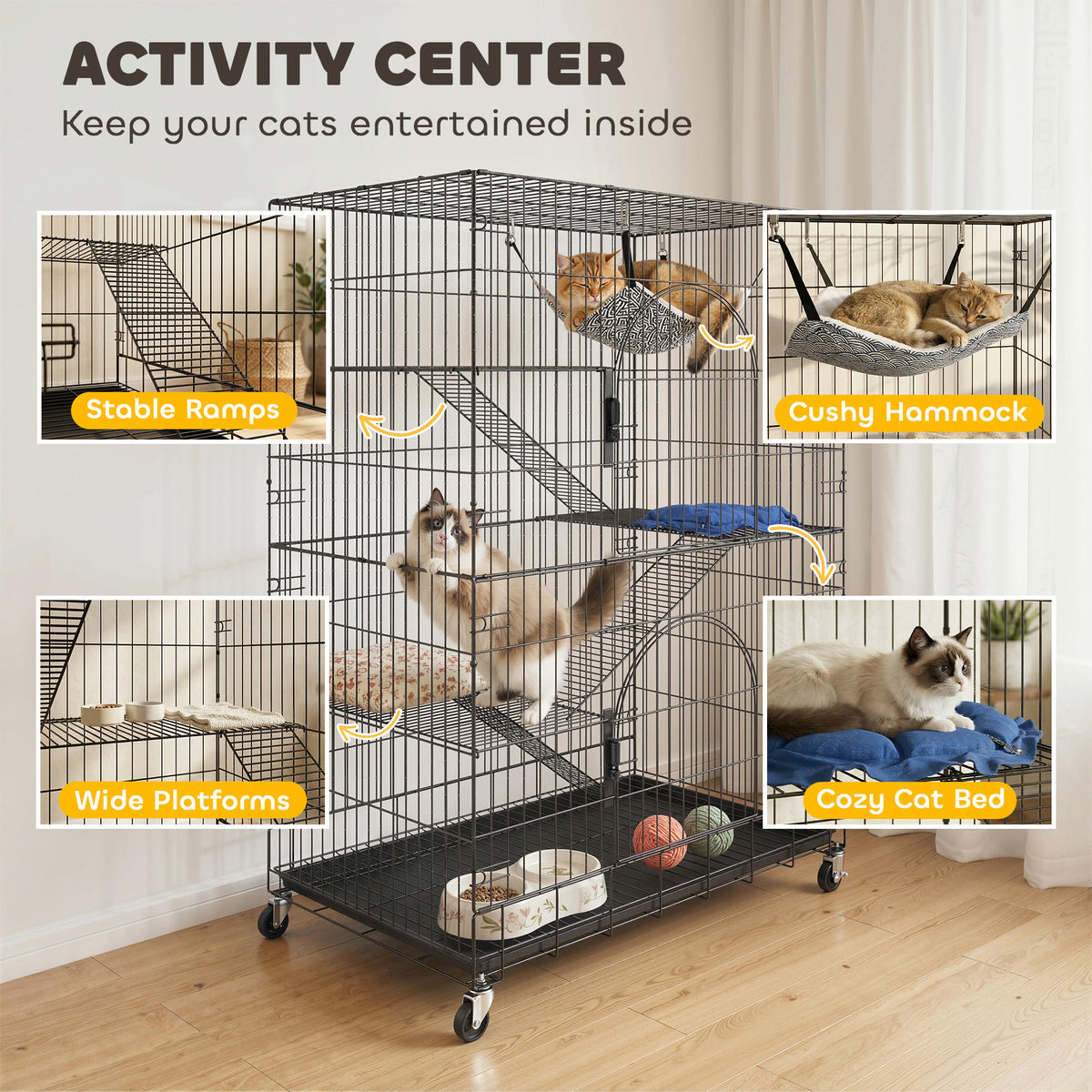 4-Tier Large Metal Cat Cage Enclosure with Wheels - Black-Cats-DECOROLALA
